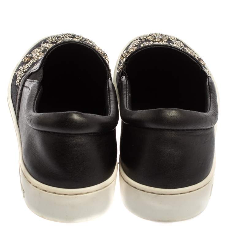 Pre Owned Dior Navy Blue/Black Denim And Leather Happy Crystal Embellished Slip On Sneakers Size 36