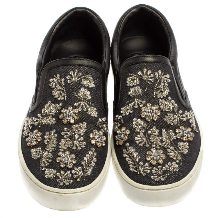 Pre Owned Dior Navy Blue/Black Denim And Leather Happy Crystal Embellished Slip On Sneakers Size 36