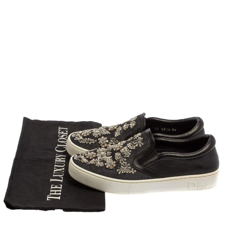 Pre Owned Dior Navy Blue/Black Denim And Leather Happy Crystal Embellished Slip On Sneakers Size 36