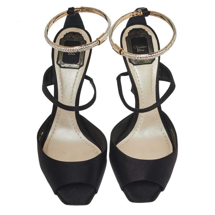Pre Owned Dior Black Satin And Crystal Ankle Strap Cuff Sandals Size 40