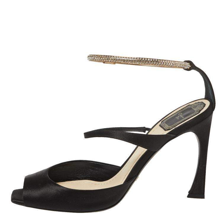 Pre Owned Dior Black Satin And Crystal Ankle Strap Cuff Sandals Size 40