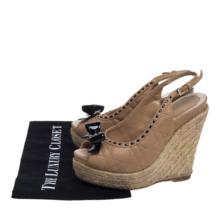 Pre Owned Dior Beige/Black Leather Espadrille Platform Wedge Sandals Size 35