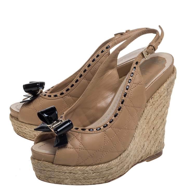 Pre Owned Dior Beige/Black Leather Espadrille Platform Wedge Sandals Size 35