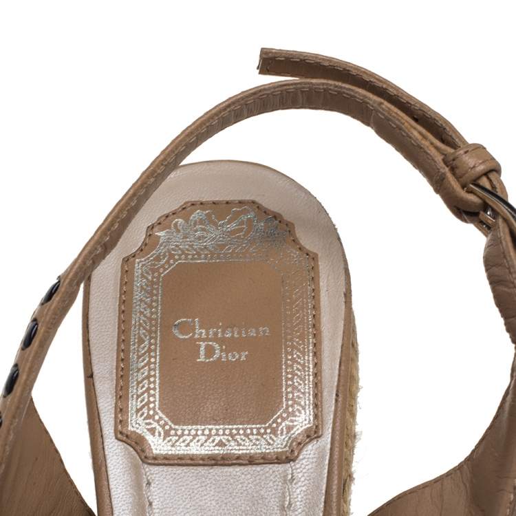 Pre Owned Dior Beige/Black Leather Espadrille Platform Wedge Sandals Size 35