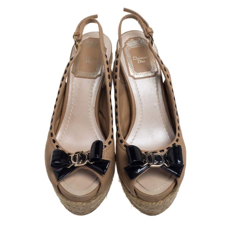 Pre Owned Dior Beige/Black Leather Espadrille Platform Wedge Sandals Size 35