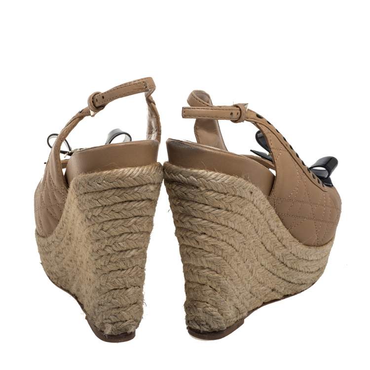 Pre Owned Dior Beige/Black Leather Espadrille Platform Wedge Sandals Size 35