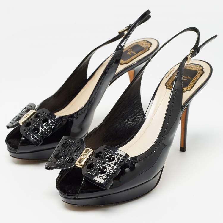 Pre Owned Dior Black Patent Leather Cannage Bow Detail 'Butterfly' Slingback Pumps Size 41