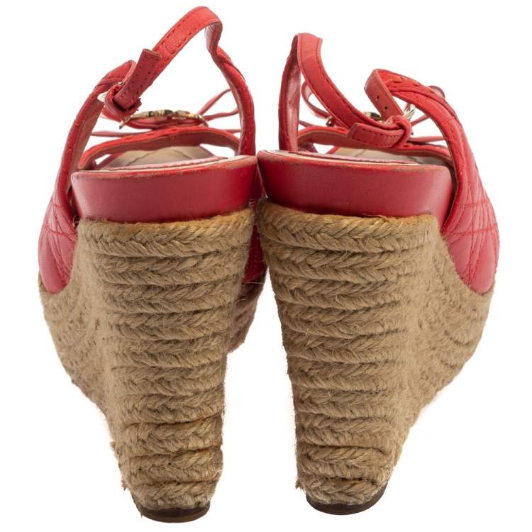 Pre Owned Dior Red Leather Wedge Slingback Sandals Size 39