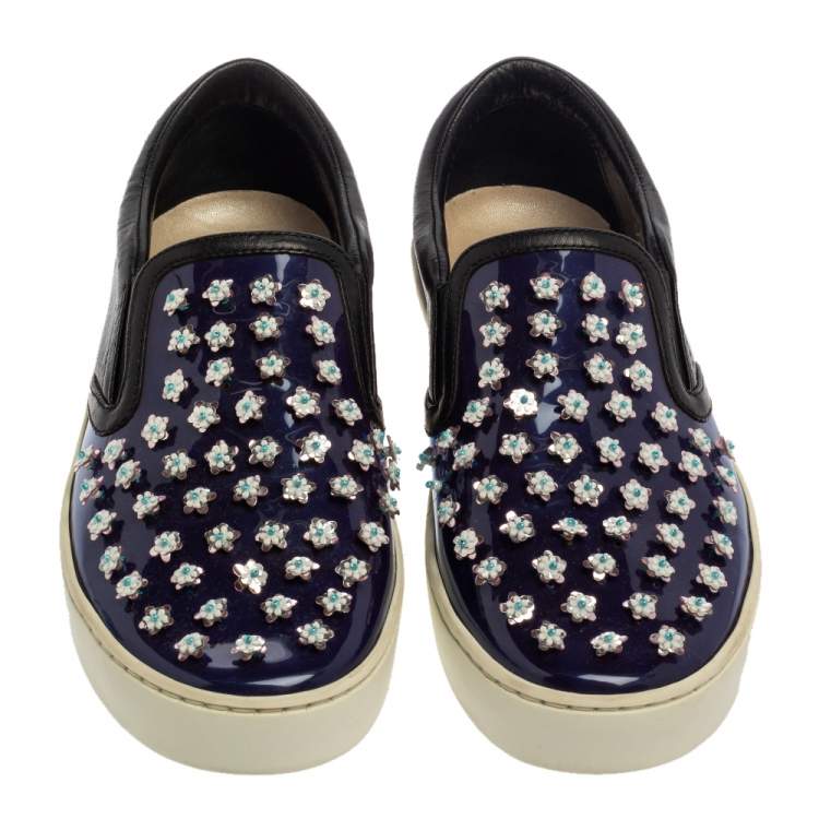 Pre Owned Dior Purple/Black Patent And Leather Flower Embellished Slip On Sneakers Size 38