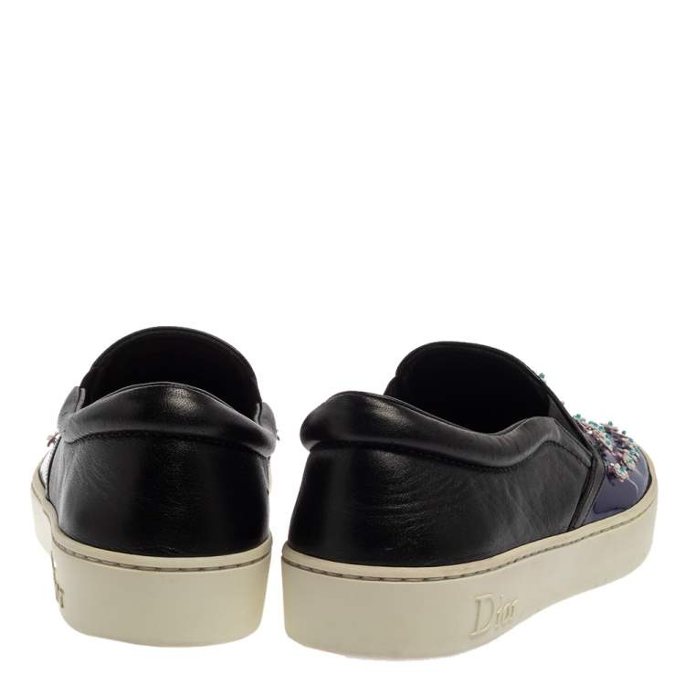 Pre Owned Dior Purple/Black Patent And Leather Flower Embellished Slip On Sneakers Size 38