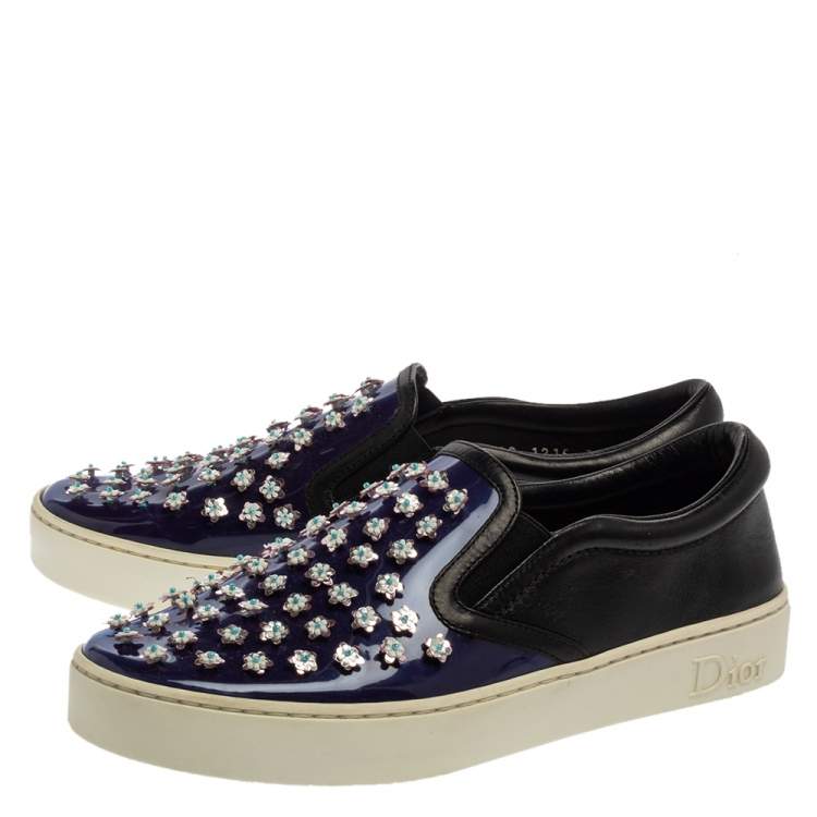 Pre Owned Dior Purple/Black Patent And Leather Flower Embellished Slip On Sneakers Size 38