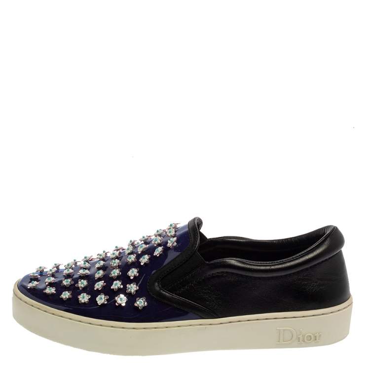 Pre Owned Dior Purple/Black Patent And Leather Flower Embellished Slip On Sneakers Size 38