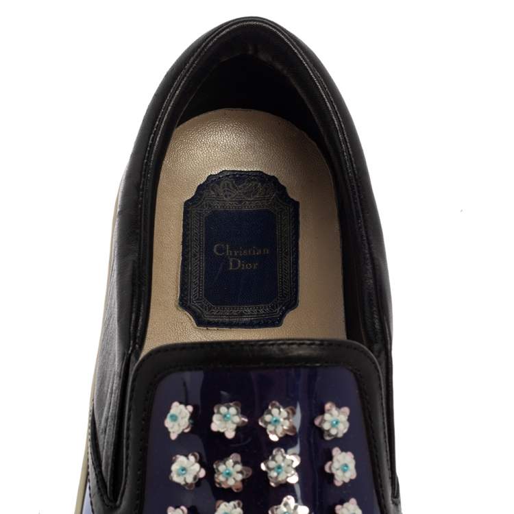 Pre Owned Dior Purple/Black Patent And Leather Flower Embellished Slip On Sneakers Size 38