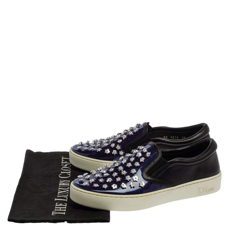 Pre Owned Dior Purple/Black Patent And Leather Flower Embellished Slip On Sneakers Size 38