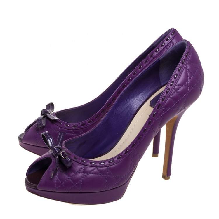 Pre Owned Dior Purple Leather Cannage Bow Peep Toe Pumps Size 40