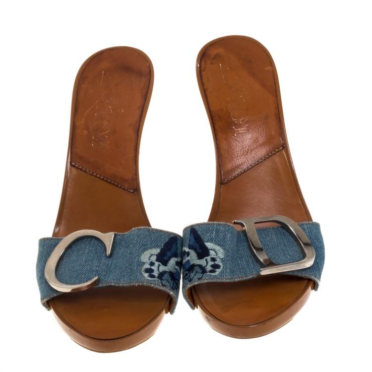 Pre Owned Dior Blue Embroidered Denim Fabric Clog Sandals Size 37