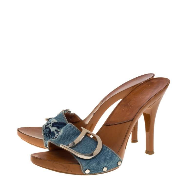 Pre Owned Dior Blue Embroidered Denim Fabric Clog Sandals Size 37