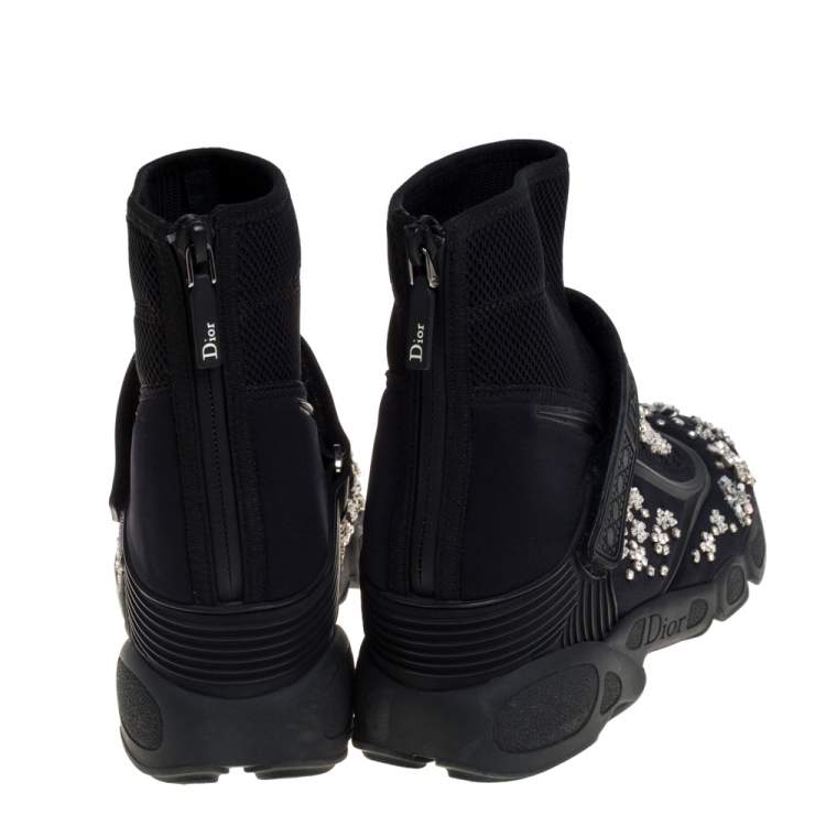 Pre Owned Dior Black Mesh And Fabric Embellished Ankle Length Sneaker Boots Size 39.5