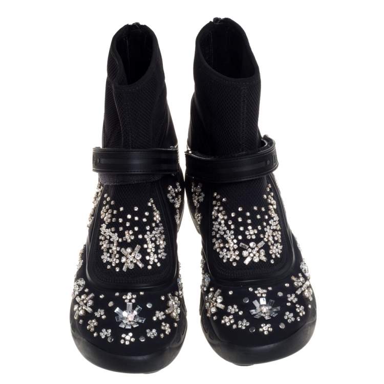 Pre Owned Dior Black Mesh And Fabric Embellished Ankle Length Sneaker Boots Size 39.5