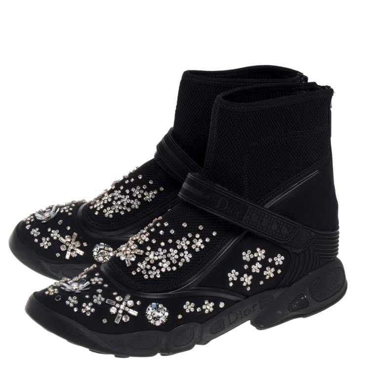 Pre Owned Dior Black Mesh And Fabric Embellished Ankle Length Sneaker Boots Size 39.5