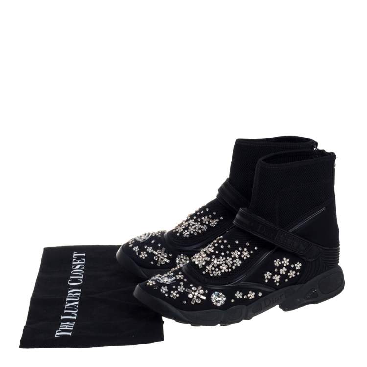 Pre Owned Dior Black Mesh And Fabric Embellished Ankle Length Sneaker Boots Size 39.5