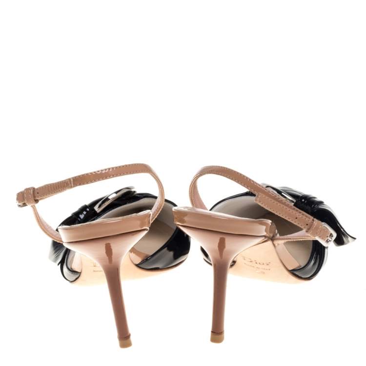 Pre Owned Dior White/Black Patent Leather Buckle Detail Slingback Sandals Size 39