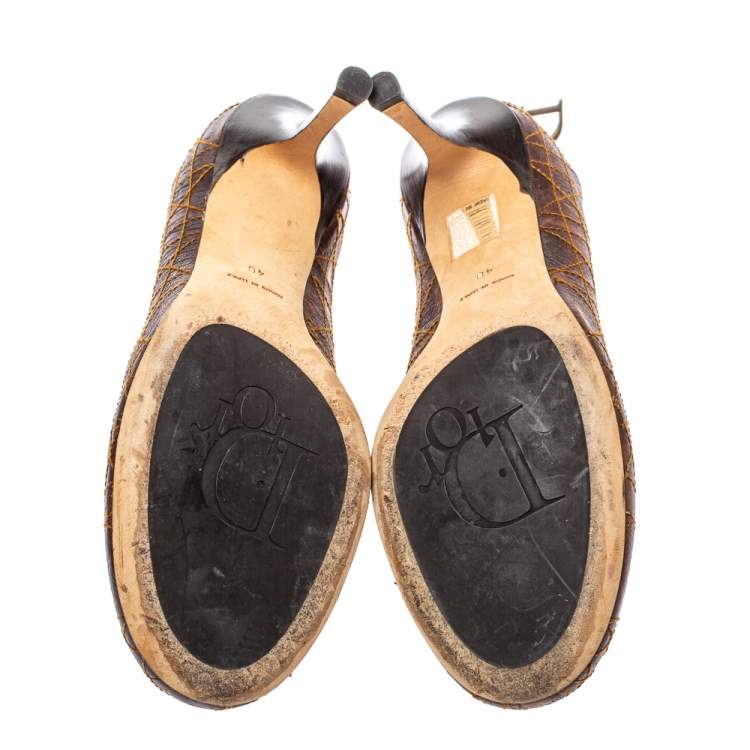 Pre Owned Dior Brown Leather Logo Embellished Slip On Pumps Size 40