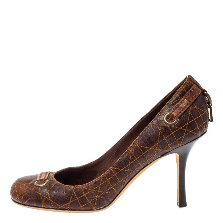 Pre Owned Dior Brown Leather Logo Embellished Slip On Pumps Size 40