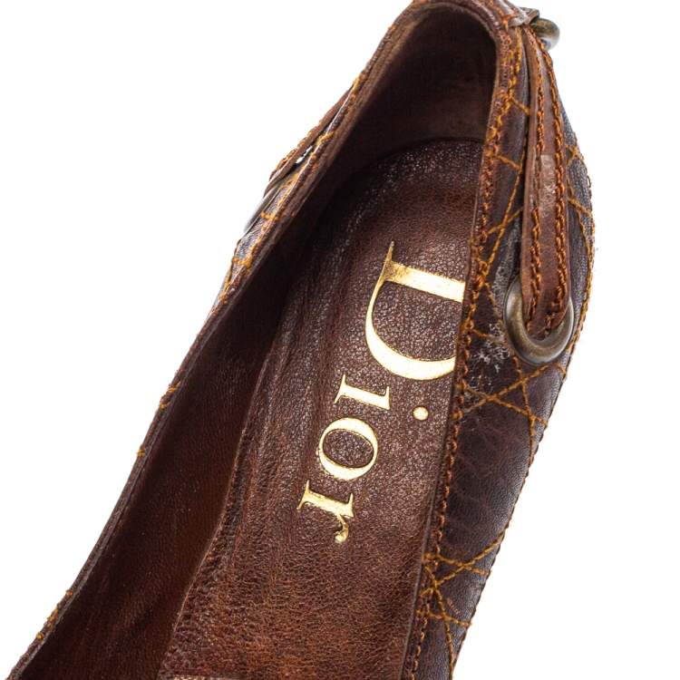 Pre Owned Dior Brown Leather Logo Embellished Slip On Pumps Size 40