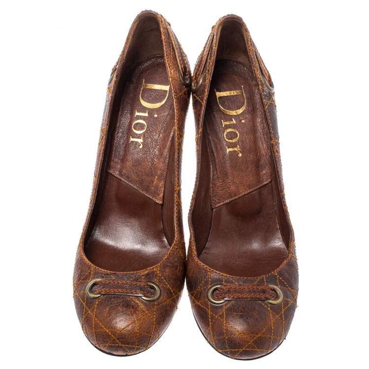 Pre Owned Dior Brown Leather Logo Embellished Slip On Pumps Size 40