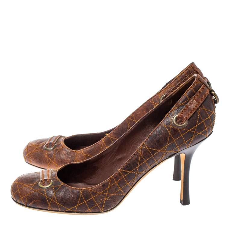 Pre Owned Dior Brown Leather Logo Embellished Slip On Pumps Size 40