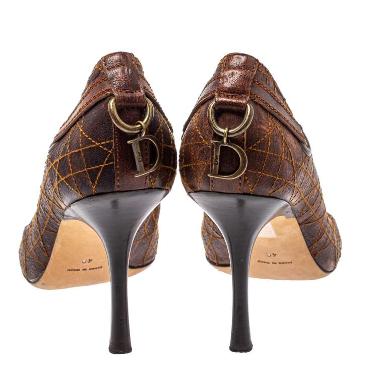 Pre Owned Dior Brown Leather Logo Embellished Slip On Pumps Size 40