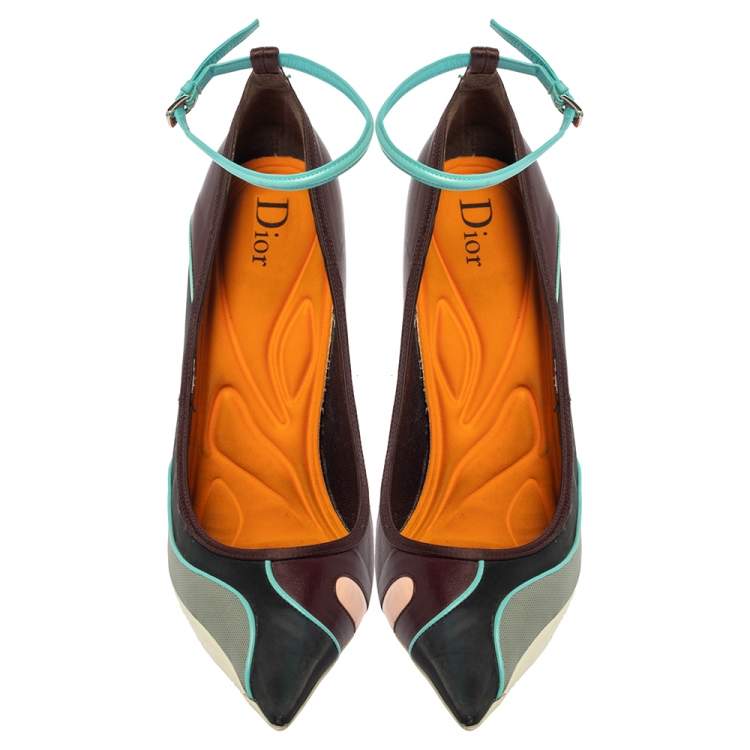 مملوكة مسبقًا Dior Multicolor Mesh And Leather Pointed Toe Ankle Strap Pumps Size 40