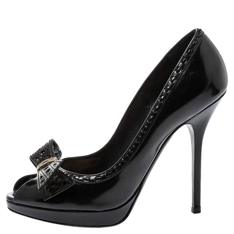 Pre Owned Dior Black Patent Leather Lovely Bow Detail Pumps Size 37