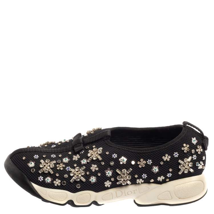 Pre Owned Dior Black Mesh Fusion Crystal Embellished Sneakers Size 37.5