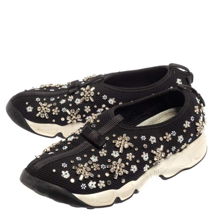 Pre Owned Dior Black Mesh Fusion Crystal Embellished Sneakers Size 37.5