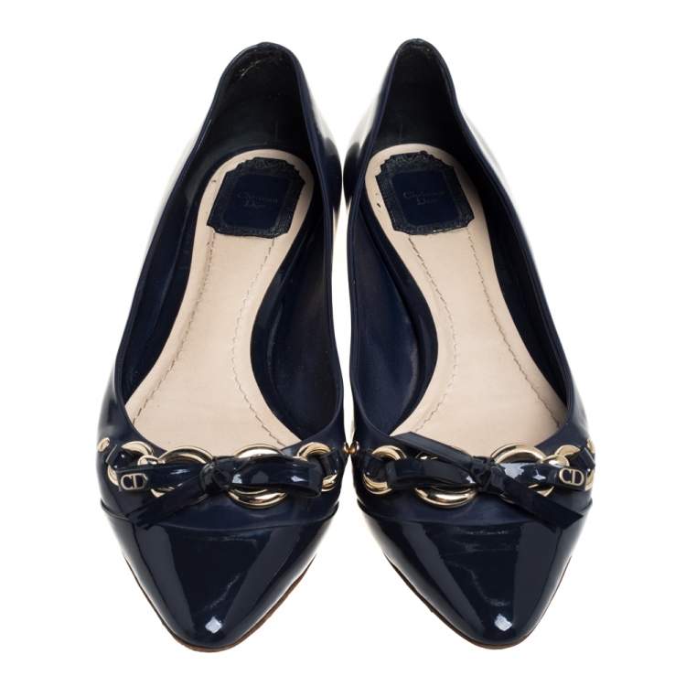 Pre Owned Dior Navy Blue Patent Leather And Leather Bow Chain Ballet Flats Size 40