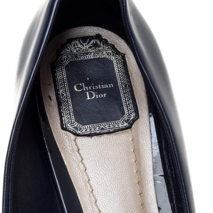 Pre Owned Dior Navy Blue Patent Leather And Leather Bow Chain Ballet Flats Size 40