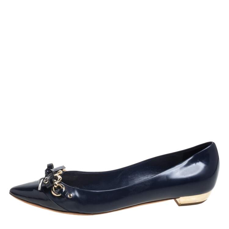 Pre Owned Dior Navy Blue Patent Leather And Leather Bow Chain Ballet Flats Size 40