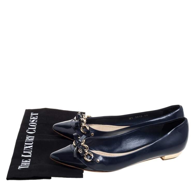 Pre Owned Dior Navy Blue Patent Leather And Leather Bow Chain Ballet Flats Size 40