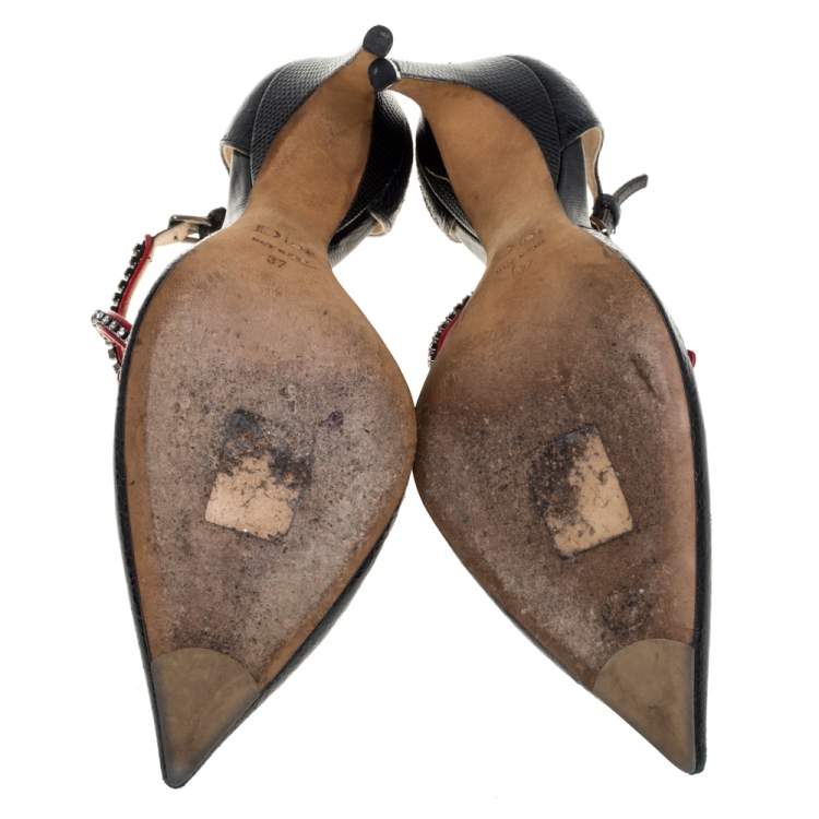 Pre Owned Dior Black Leather T Strap Pointed Toe Pumps  Size 37