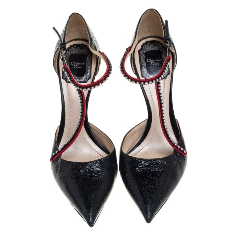 Pre Owned Dior Black Leather T Strap Pointed Toe Pumps  Size 37