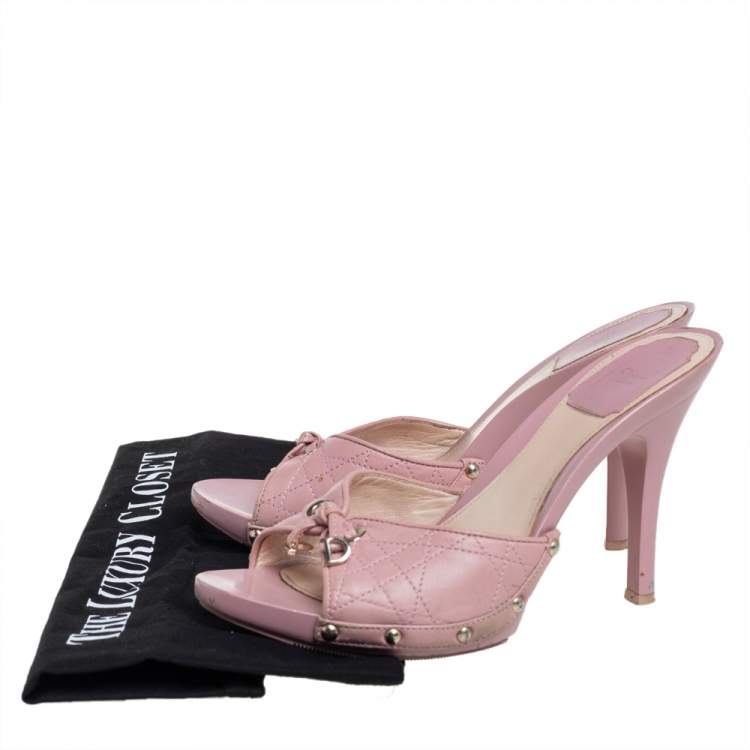 Pre Owned Dior Pink Cannage Leather Bow Slides Size 37.5