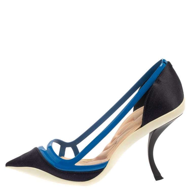 Pre Owned Dior Two Tone Blue Patent Leather And Satin Pointed Toe Curved Heel Pumps Size 39