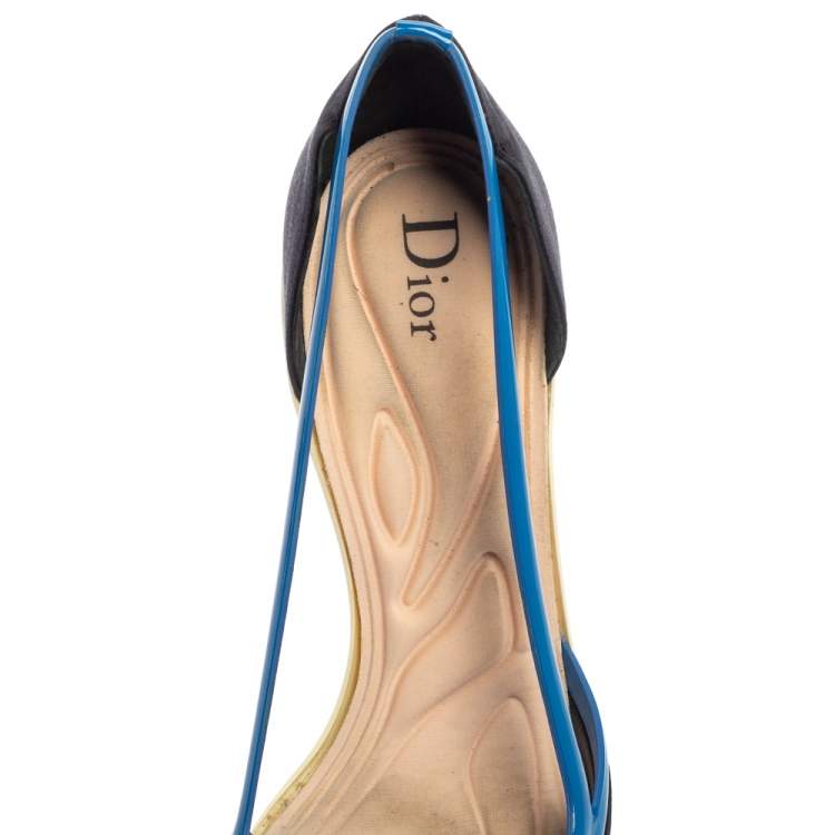 Pre Owned Dior Two Tone Blue Patent Leather And Satin Pointed Toe Curved Heel Pumps Size 39