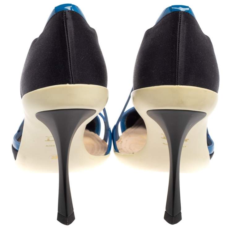Pre Owned Dior Two Tone Blue Patent Leather And Satin Pointed Toe Curved Heel Pumps Size 39