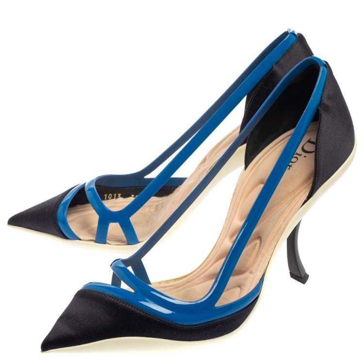 Pre Owned Dior Two Tone Blue Patent Leather And Satin Pointed Toe Curved Heel Pumps Size 39