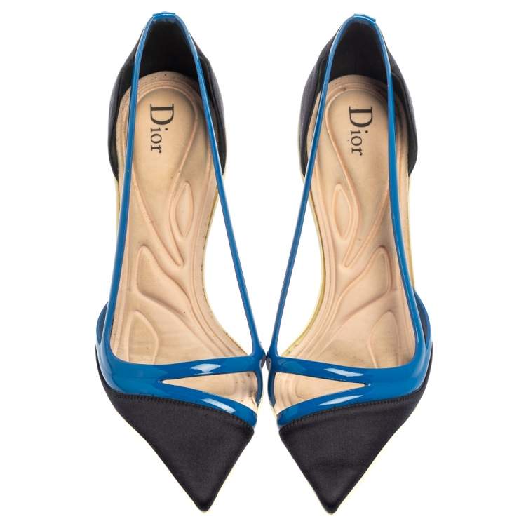 Pre Owned Dior Two Tone Blue Patent Leather And Satin Pointed Toe Curved Heel Pumps Size 39