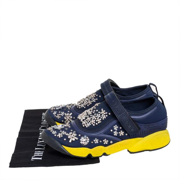 Pre Owned Dior Blue/Yellow Rubber And Fabric Fusion  Sneaker Size 37.5