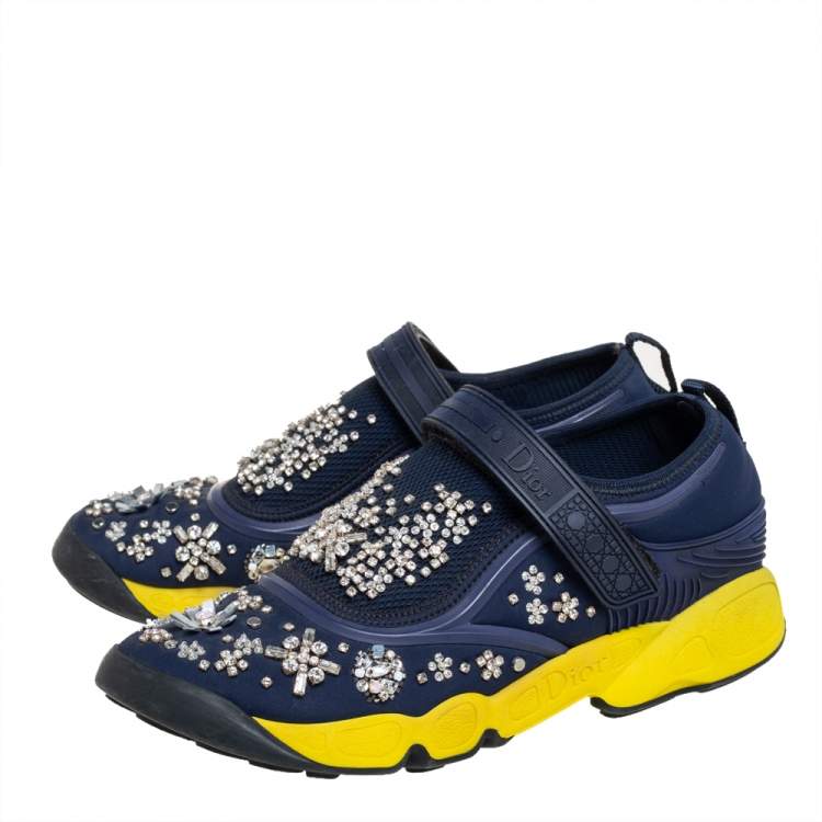 Pre Owned Dior Blue/Yellow Rubber And Fabric Fusion  Sneaker Size 37.5